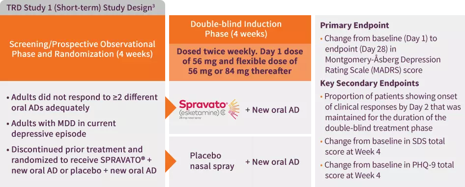 TRD Study 1 short-term study design overview of SPRAVATO® + new oral AD and placebo nasal spray + new oral AD